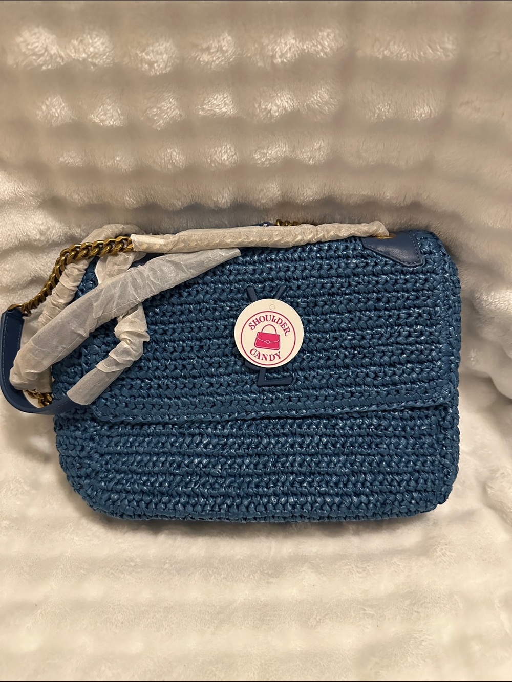 Blue Woven Raffia Shoulder Bag